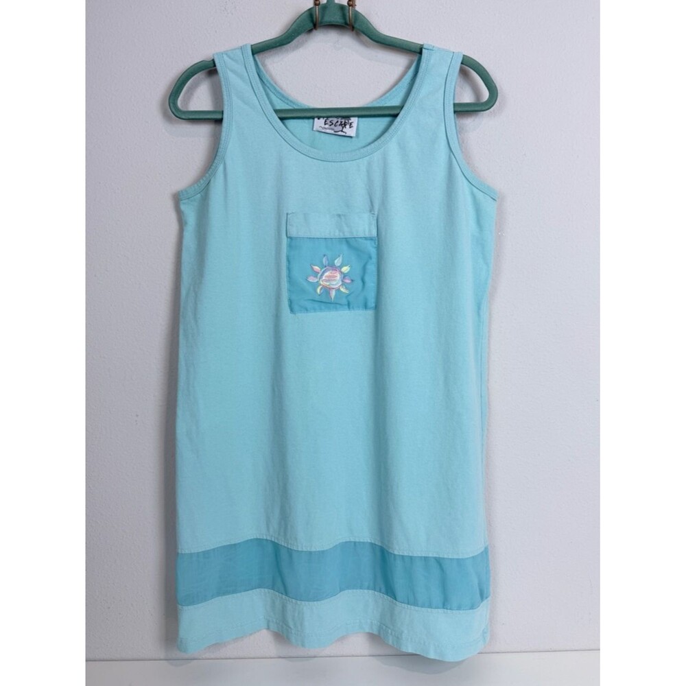 Vintage Escape Light Aqua Cotton Tank Mini Dress with Embroidered Sun Pocket S